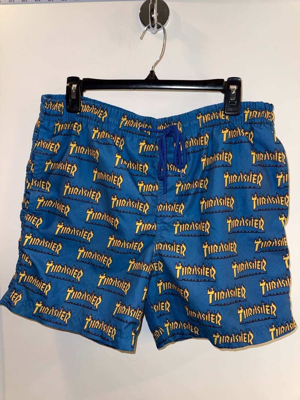 Thrasher Magazine Flame Logo All Over Print Swim Trunks Blue Size L
